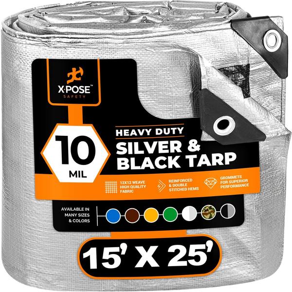 Xpose Safety 15 ft x 25 ft Heavy Duty 10 mil Tarp, Silver/Black, Polyethylene STH-1525-X
